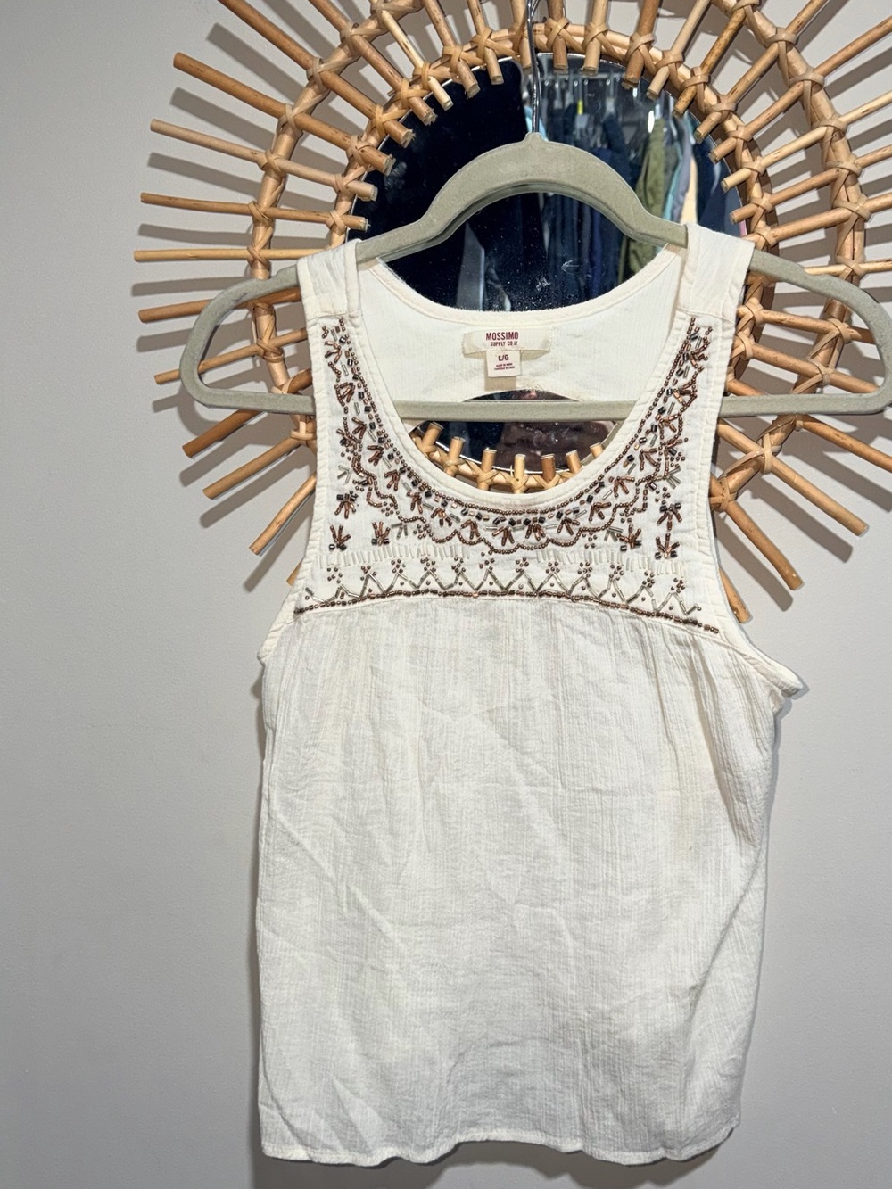 Mossimo Supply Co. Cream Tank Top with Brown Embroidery